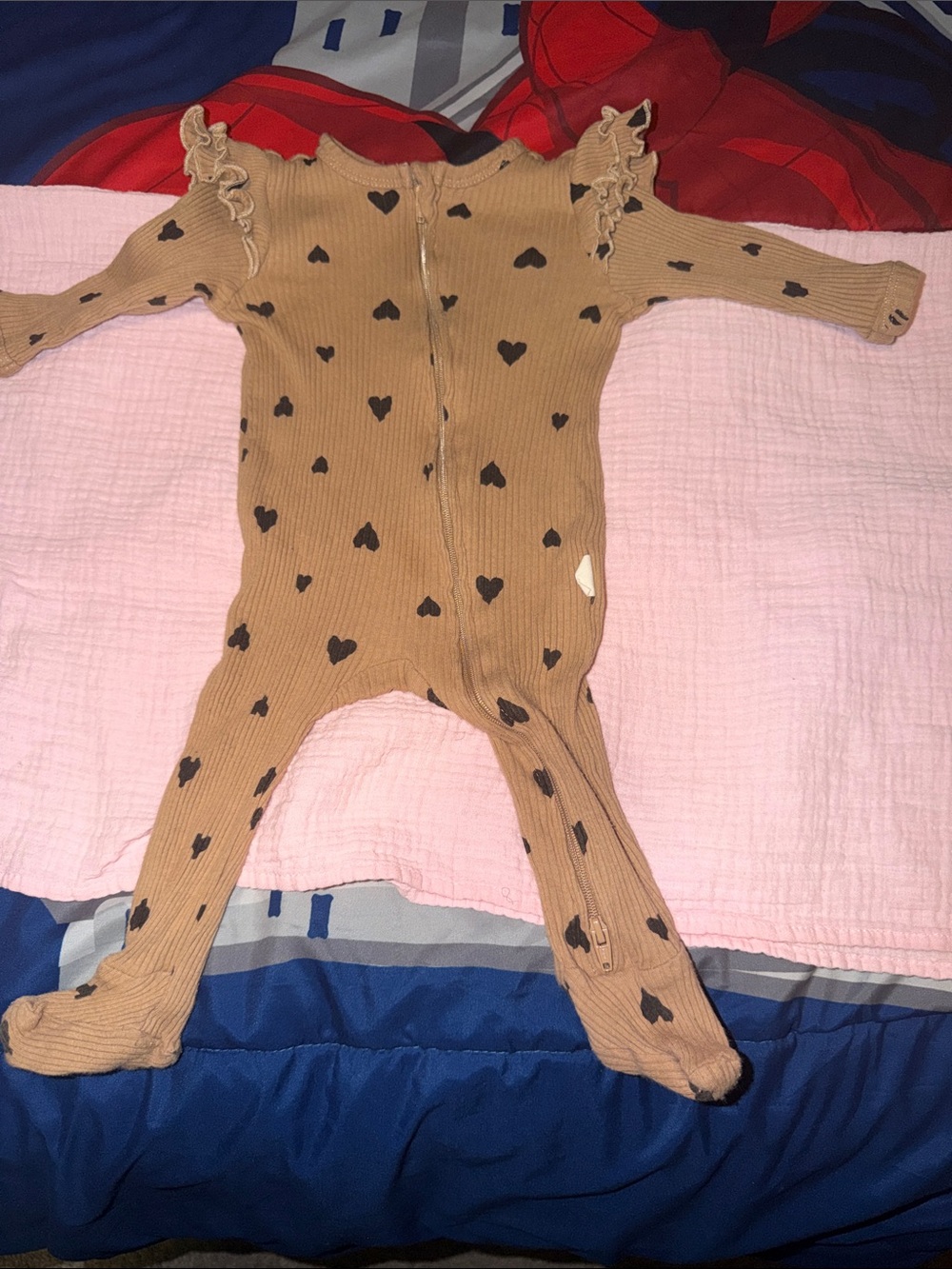 Ruffled Shoulder Heart Zip Footie in Tan